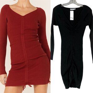 Black Drawstring Ruched Mini Dress Bodycon Sweater Long Sleeve Party Small